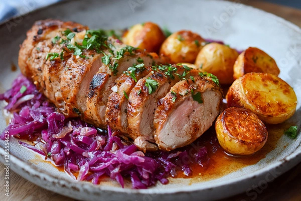 Fototapeta delicious beef roast with potatoes and red cabbage on a plate