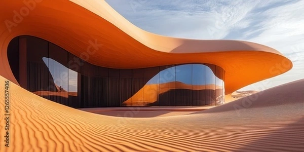 Fototapeta Futuristic building blends seamlessly into a sandy desert landscape