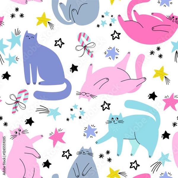 Obraz Vector  seamless pattern of cute cat and Christmas decoration isolated on white background. Holiday wallpaper, paper, wrappind
