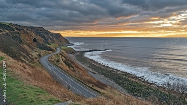 Obraz Coastal Road at Sunset, Dramatic Cliffs and Ocean Waves