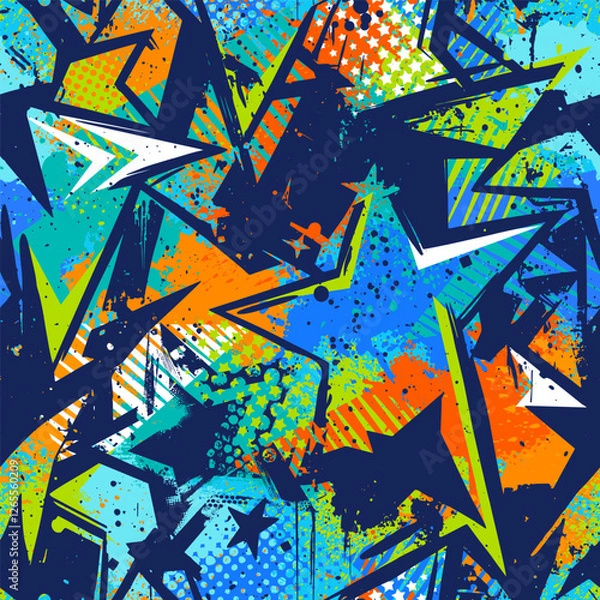 Obraz Abstract seamless chaotic pattern with urban geometric elements, scuffed, drops, stars and sprays. Grunge  neon texture background. Wallpaper for teens