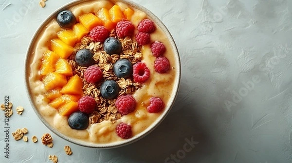 Fototapeta Colorful smoothie bowl topped with fresh fruits, granola, and nuts on a textured background