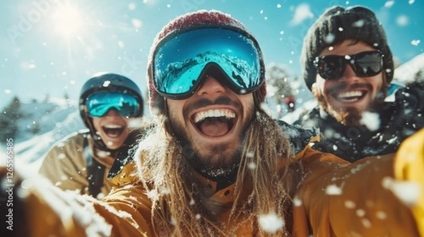 Fototapeta Three excited friends in colorful ski gear capture a joyful moment on the slopes, highlighting the thrill of winter sports and the joy of camaraderie in the great outdoors.