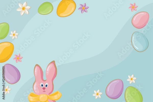Fototapeta Top view of Easter bunny and yellow, pink, blue and green eggs on isolated pastel blue background with copy space in the middle. Easter party concept. Vector festive background.