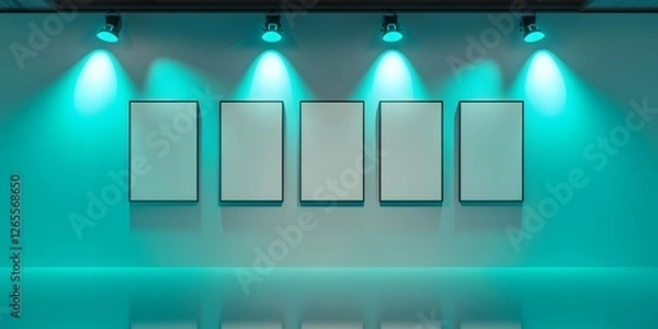 Fototapeta A trapezoidal white wall illuminated by five teal spotlights, holding four rectangular blank frames aligned in a vertical row. The reflective floor highlights the symmetry.