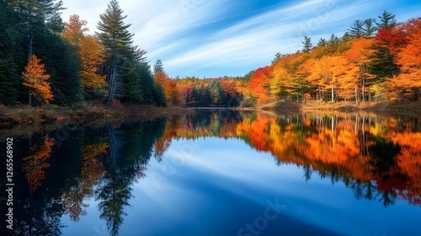 Fototapeta Pojjw 94734 capture serene and mesmerizing scenes featuring ref 198dfac5-04f2-4811-b695-28375f43e711 1 of a peaceful lake surrounded by vibrant fall colors