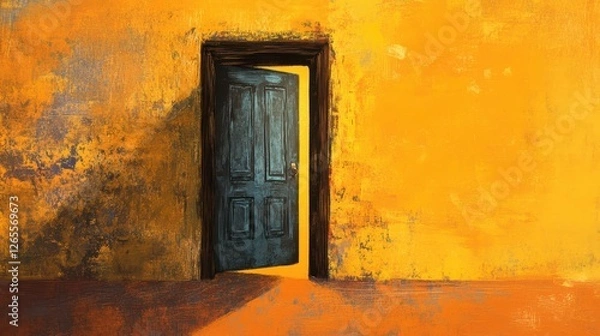 Fototapeta Dynamic Artistic Concept of an Open Door Set Against a Vibrant Yellow Wall with Textured Background and Intriguing Light and Shadow Play