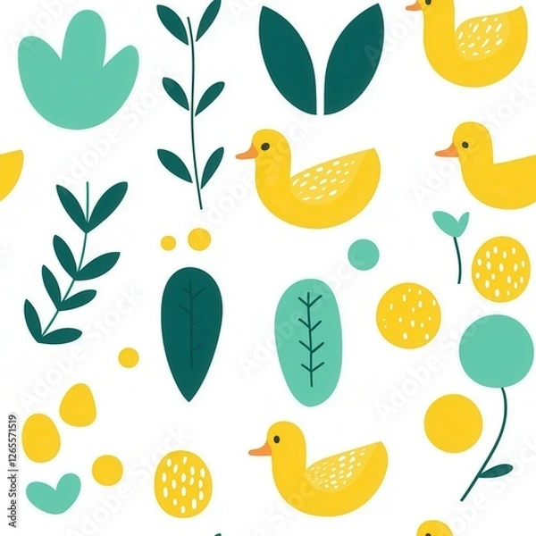 Fototapeta Seamless illustrations of minimal animals. A playful pattern featuring yellow ducks, green leaves, and circular shapes on a white background, creating a cheerful and vibrant design.