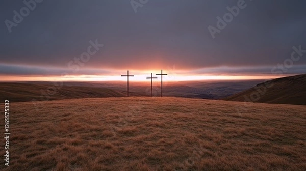 Fototapeta A serene view from an empty cave showcasing three crosses at sunset, symbolizing Easter reflection and renewal
