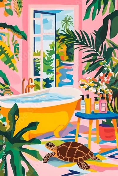 Fototapeta Colorful illustration of an interior design with plants, a bathtub with a brown sea turtle, towel, and hand wash bottles, against a pastel pink wall with a dreamy vibe