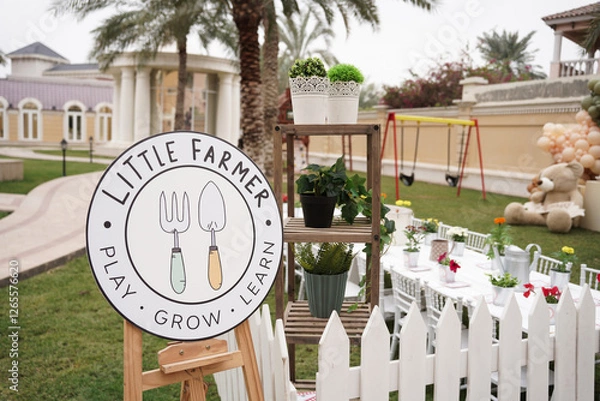 Fototapeta A charming outdoor kids' gardening event, "Little Farmer," with potted plants, a rustic setup, white picket fence, a play area, and decorated tables, fostering hands-on learning in a lush garden setti