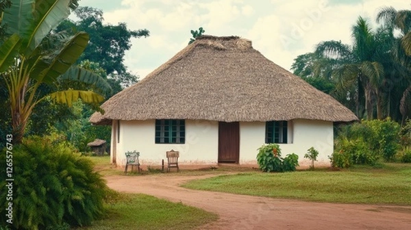 Fototapeta Traditional Thatched Roof Cottage in Tropical Green Landscape