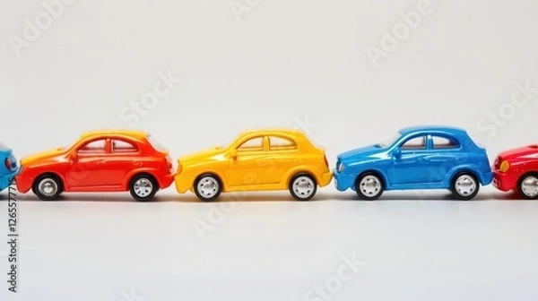 Fototapeta A set of colorful toy cars lined up on a white background.