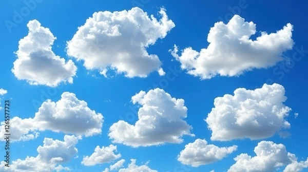 Fototapeta Fluffy cumulus clouds float across vibrant blue daytime sky;  background clear; ideal for weather, travel, serenity
