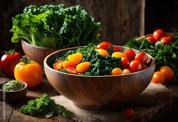 Fototapeta vibrant bowl fresh ingredients featuring lush colorful nutritious additions creating delightful culinary presentation, salad, greens, vegetables, cilantro