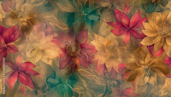 Fototapeta Elegant Vintage Floral Pattern with Warm Golden and Red Tones in Artistic Design