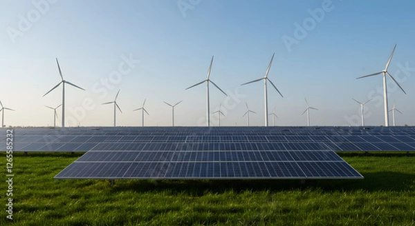 Fototapeta A solar farm located in a lush green field, with wind turbines in the distance.