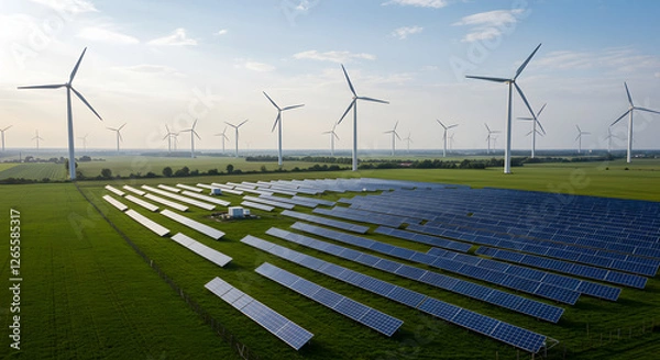 Fototapeta A solar farm located in a lush green field, with wind turbines in the distance.