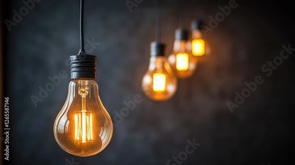 Fototapeta Four incandescent light bulbs hang against a dark textured background