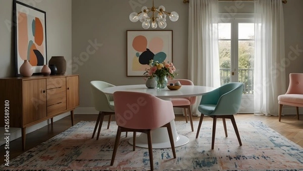 Fototapeta Stylish dining room with round table, pastel chairs, wooden sideboard, and patterned rug