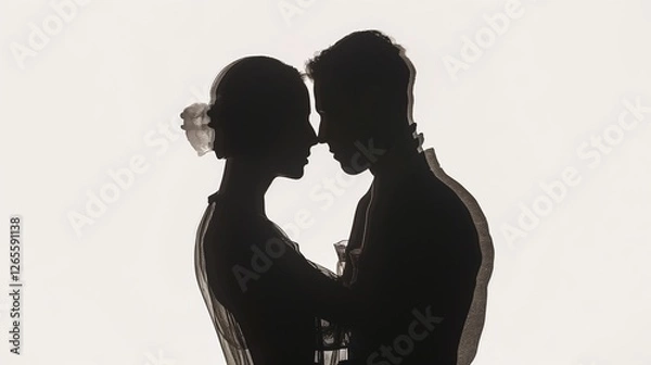 Obraz A delicate silhouette of a couple embracing, their figures outlined in soft contours. The isolated white background creates a modern, minimalist feel that emphasizes their connection.