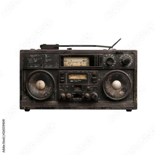 Fototapeta Vintage boombox with worn-out exterior, cassette player, and radio tuner, capturing the retro music culture of the 1980s in a detailed composition