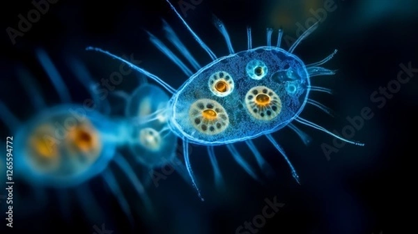 Fototapeta Microscopic view revealing plankton emitting a gentle blue light in a vibrant underwater environment. Generative AI