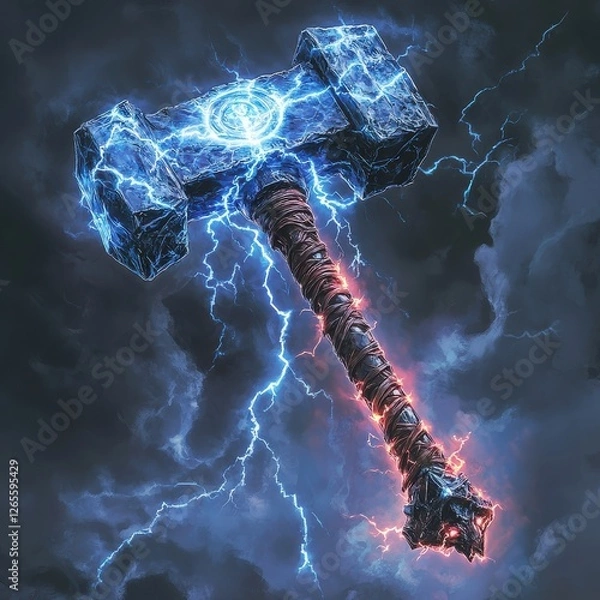 Fototapeta A colossal warhammer forged from storm-infused metal, with a jagged thundercloud head, glowing rune, spiked crystalline surface, and obsidian leather handle, capable of discharging electric blasts and