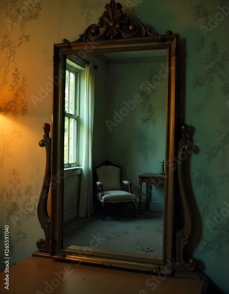 Fototapeta a mirror in a hotel room shows the reflection of the room