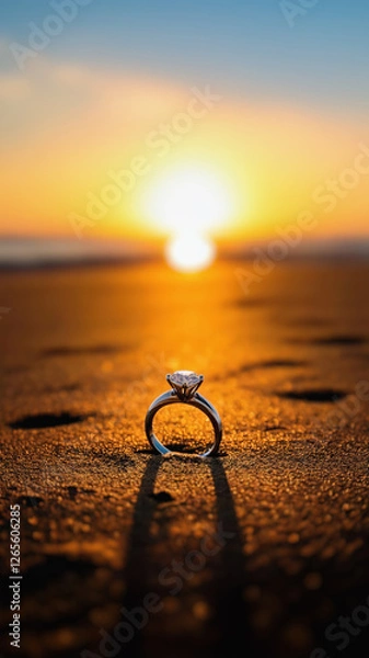 Fototapeta Diamond engagement ring in the beach sand during sundown