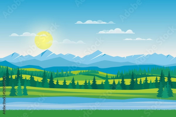 Fototapeta Beautiful landscape of river, forest and mountains on a sunny day. Bright sunny day in the wild. Vector landscape illustration of mountains, rivers, forests, fields and meadows with a stunning sky.