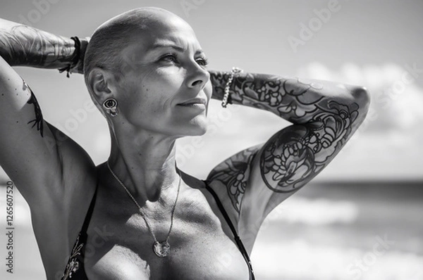Fototapeta older woman with bald head and tattoos in nature