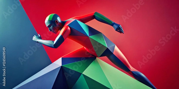 Fototapeta A person is depicted in a dynamic pose with a geometric, multicolored design. The background features a bold mix of red and blue, adding to the sense of movement.AI