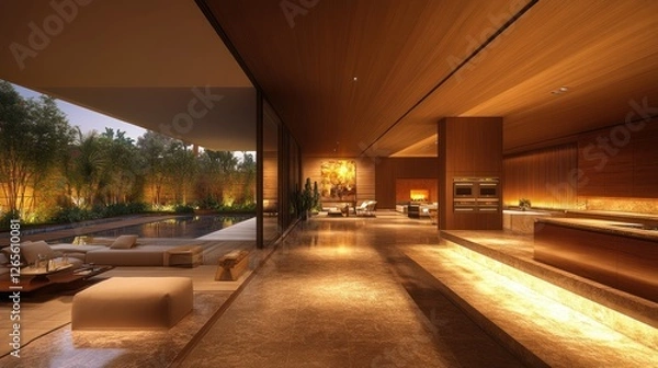 Fototapeta Modern luxury home interior, overlooking pool and garden at twilight. Use Architectural visualization