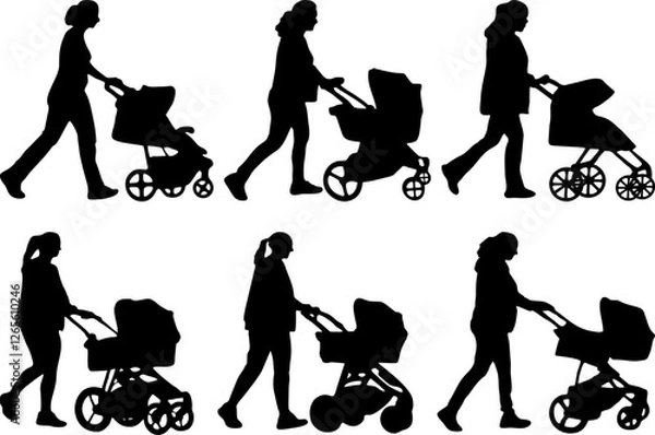 Fototapeta set of mother with stroller silhouette