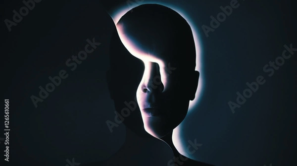 Fototapeta  Abstract silhouette of a human head with glowing split lines revealing a face inside. Concept of dual identity, inner self, or AI consciousness in a futuristic digital space.