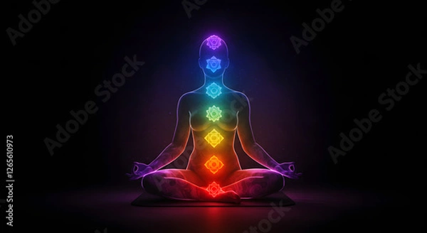 Fototapeta A person meditating with a glowing aura, each chakra represented by a vibrant
