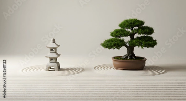 Fototapeta A Japanese-style Zen garden with perfectly raked sand, a small stone pagoda, and a single bonsai tree