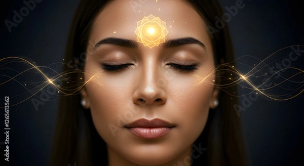 Fototapeta A close-up of a woman meditating with her eyes closed, a soft golden glow emanating from her third eye chakra