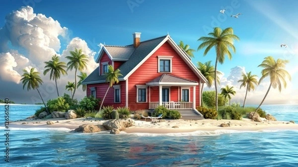 Fototapeta A vibrant red house surrounded by palm trees on a tropical island with clear blue waters and clouds