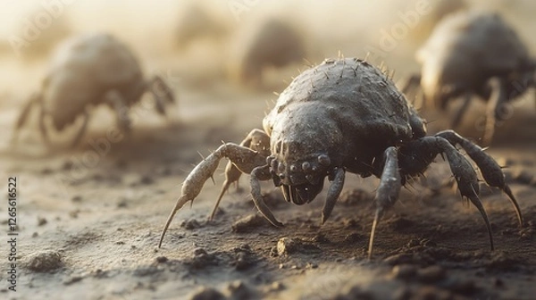 Fototapeta Highly detailed view of dust mites crawling on a textured surface in a realistic setting with ample copy space. Generative AI
