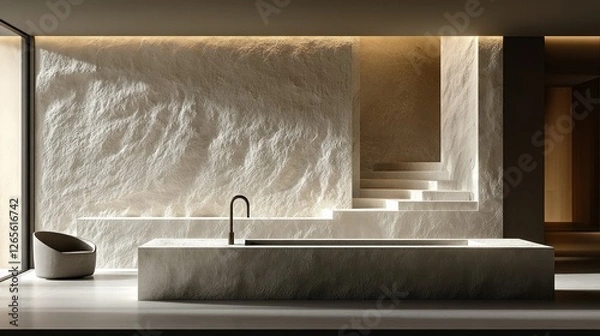 Obraz Modern Minimalist Bathroom with Stone Walls and Bathtub, Sunlight Streaming In