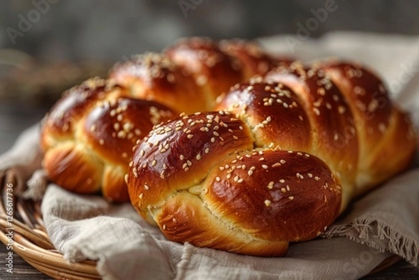 Fototapeta Golden challah loaf with sesame on rustic cloth. Neural network AI generated