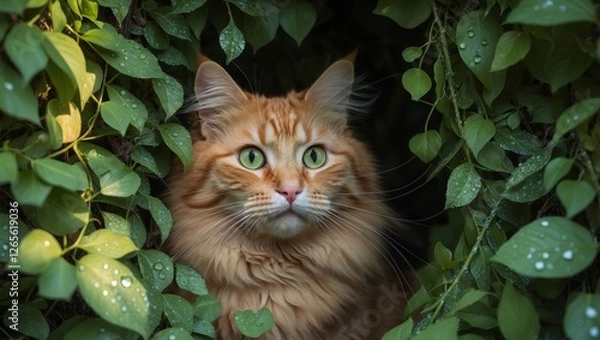 Fototapeta Ginger Cat Peeking Through Lush Green Foliage.