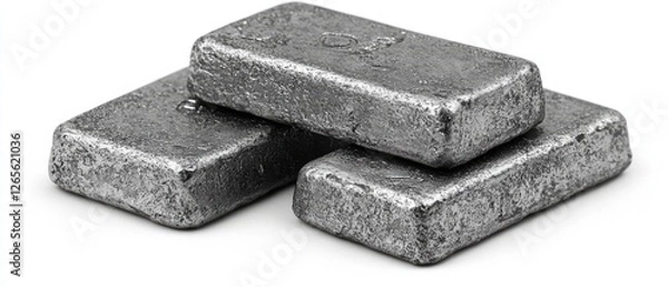 Fototapeta Metal ingots stacked, white background, industrial use.
