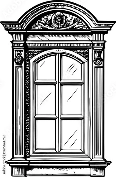 Fototapeta Detailed vintage ornate window illustration with classical architectural elements, arches, columns, and intricate design