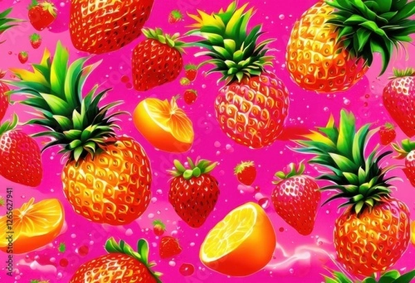 Fototapeta vivid display gravity defying fruits floating vibrant colorful background eye catching design, apple, orange, banana, kiwi, berry, citrus, tropical, fresh