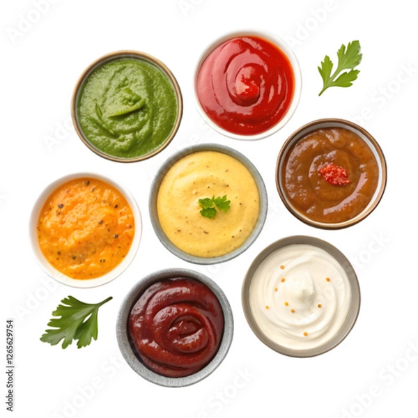 Fototapeta Variety of sauce in a bowl top view png collection of different dipping sauces, colorful and tasty isolated on white background