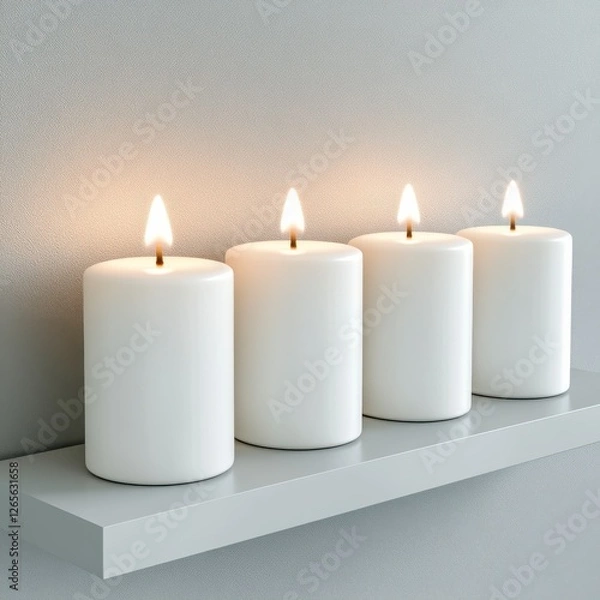 Fototapeta Four White Pillar Candles Burning on a White Shelf Against a Silver Textured Wall