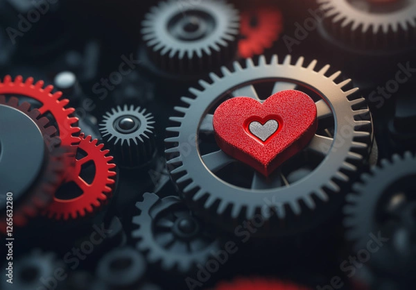 Obraz close up of gears and cogs with red heart symbolizing love and connection. intricate details of machinery contrast with warmth of heart, creating unique blend of technology and emotion
